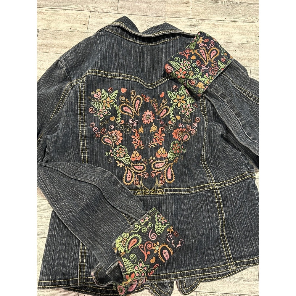 Girls‎ Vintage Babydoll Brand 10/12 Blue Denim Jean Jacket Floral Glitter Print